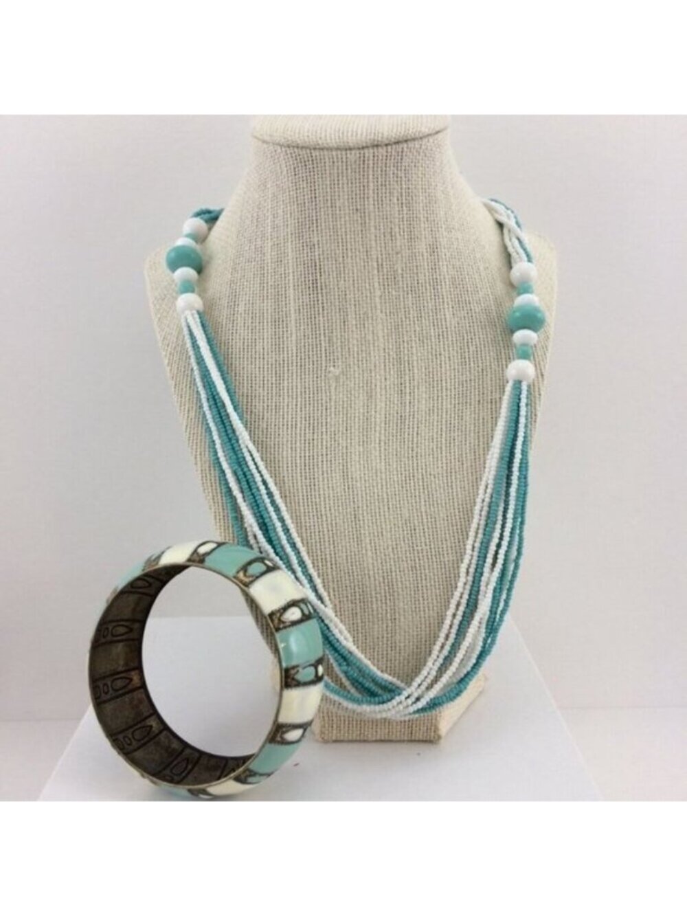 Blue and White Multi Strand Beaded Necklace with Metal Striped Bangle Bracelet